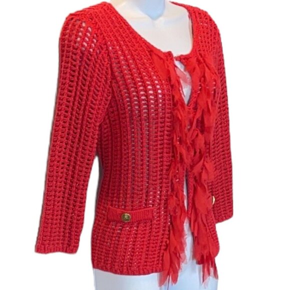 Chico's Woman's Fringe 3/4 Slv Knitted Bright Orange Cardigan Sweater Small S #1 - Picture 1 of 11